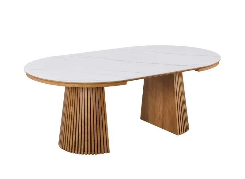 Tavolo da pranzo rotondo allungabile in legno chiaro con piano in ceramica bianca HEKA