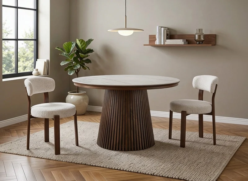 Tavolo da pranzo rotondo allungabile in legno scuro con piano in ceramica bianca HEKA