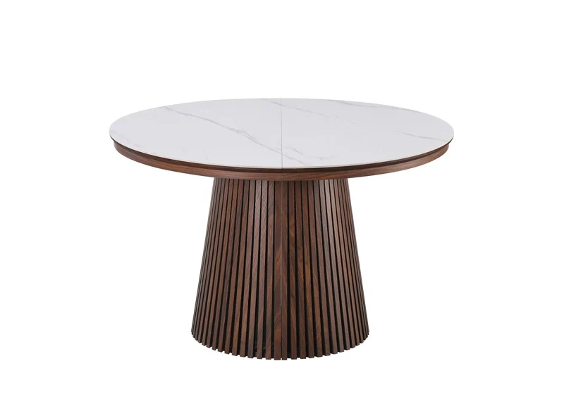 Tavolo da pranzo rotondo allungabile in legno scuro con piano in ceramica bianca HEKA
