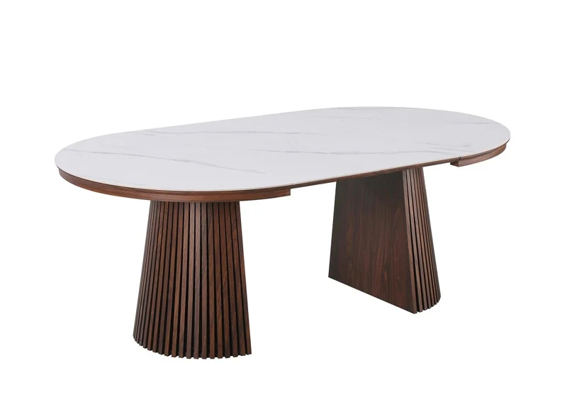 Tavolo da pranzo rotondo allungabile in legno scuro con piano in ceramica bianca HEKA