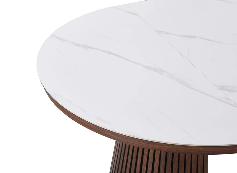Tavolo da pranzo rotondo allungabile in legno scuro con piano in ceramica bianca HEKA