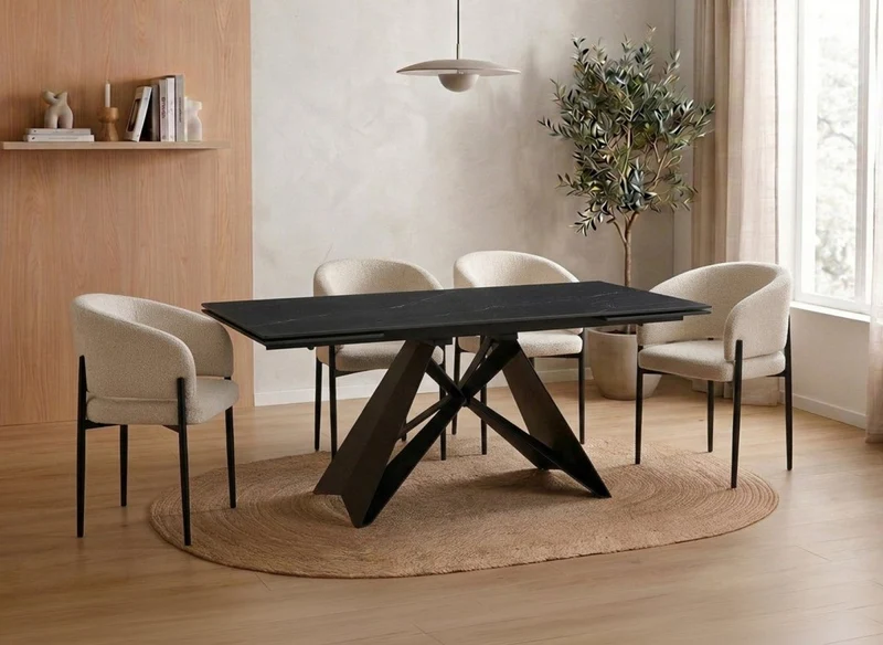 Tavolo da pranzo allungabile in metallo nero con piano in ceramica nera HELSINKI