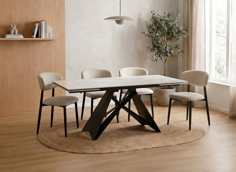 Tavolo da pranzo allungabile in metallo nero con piano in ceramica bianca HELSINKI