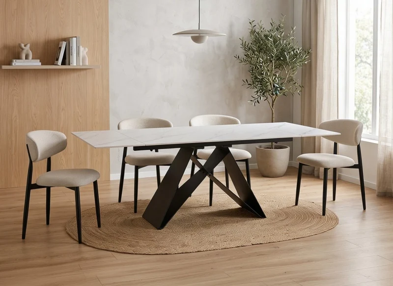 Tavolo da pranzo allungabile in metallo nero con piano in ceramica bianca HELSINKI