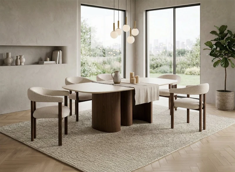 Tavolo da pranzo in ceramica beige con gambe effetto legno per 10 persone NAYA