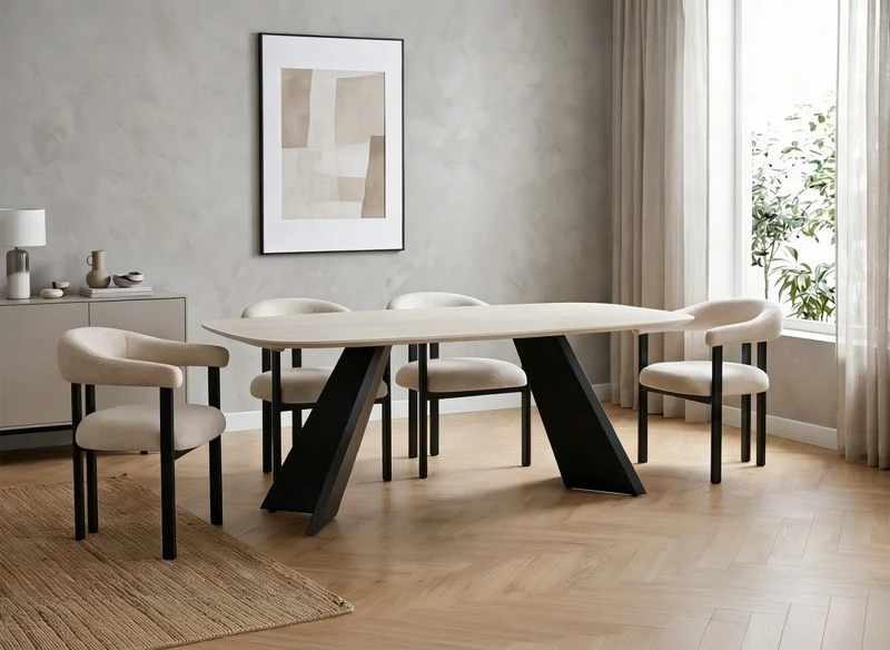 Tavolo da pranzo in ceramica beige con gambe nere per 8 persone ZELLY