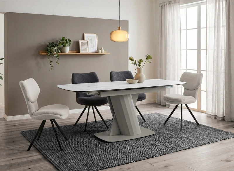Tavolo da pranzo allungabile in metallo beige con piano in ceramica bianca DUBAI
