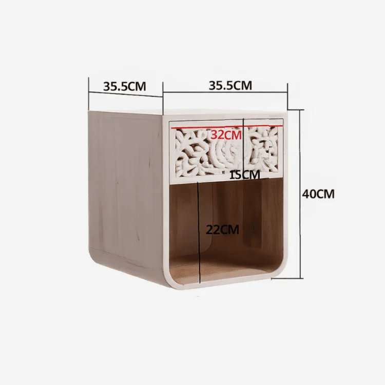 Mesilla de noche Nila en madera maciza con frente tallado – Blanco desgastado