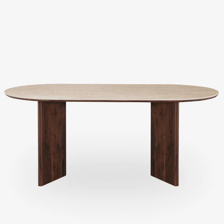 Mesa de comedor ovalada en piedra sinterizada efecto travertino Calista 180/200 cm