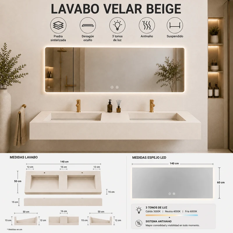 Lavabo Velar Beige de piedra sinterizada con espejo LED 140 - Conjunto suspendido de baño