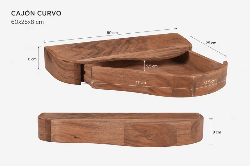 Mesilla flotante Nuba de madera maciza de acacia con cajón curvo 60 × 25 × 8 cm