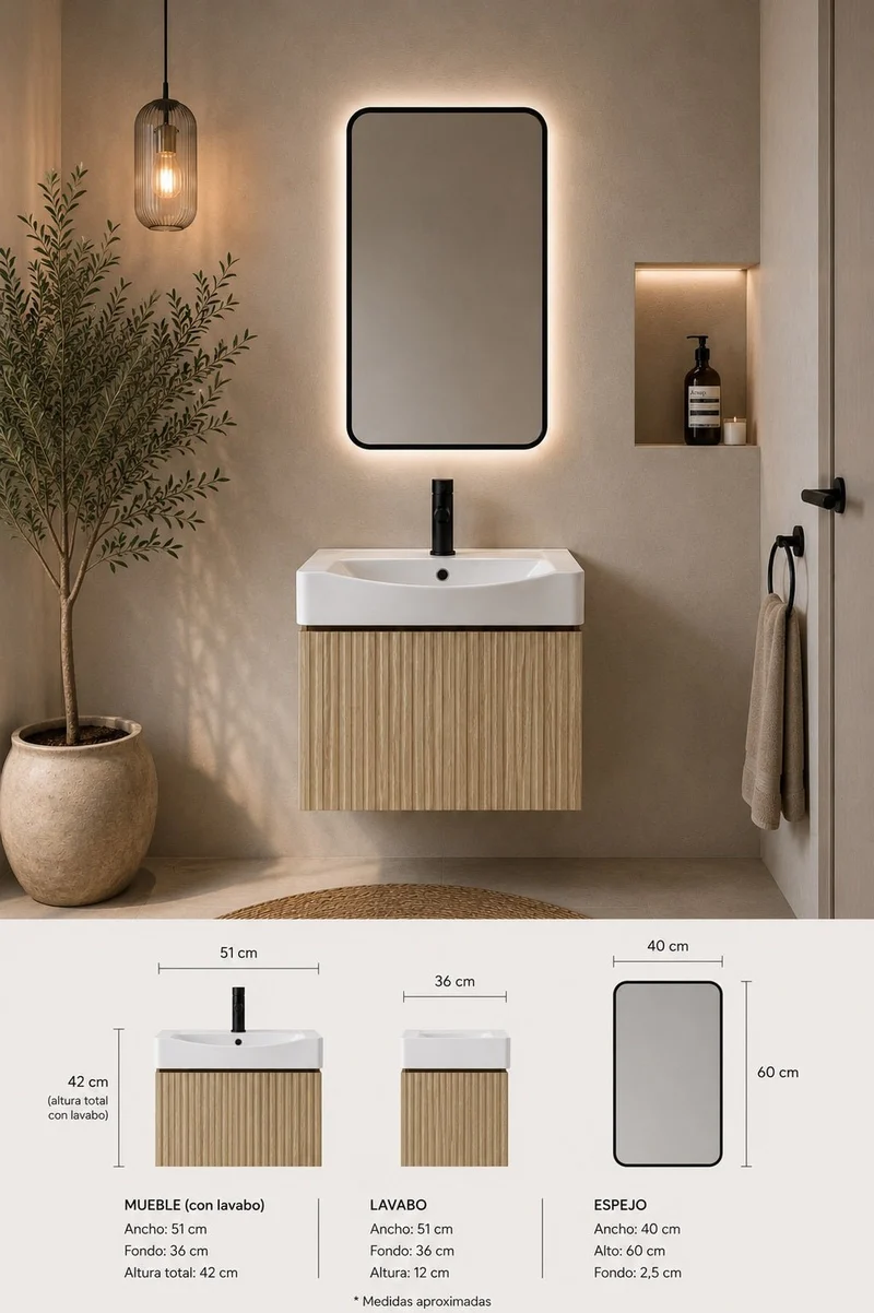 Mueble de baño suspendido NORI 50 con espejo LED y lavabo cerámico