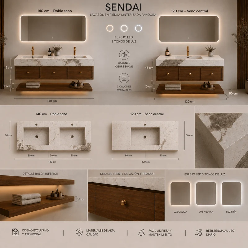Mueble de baño Sendai con espejo LED, 3 cajones y piedra sinterizada pandora