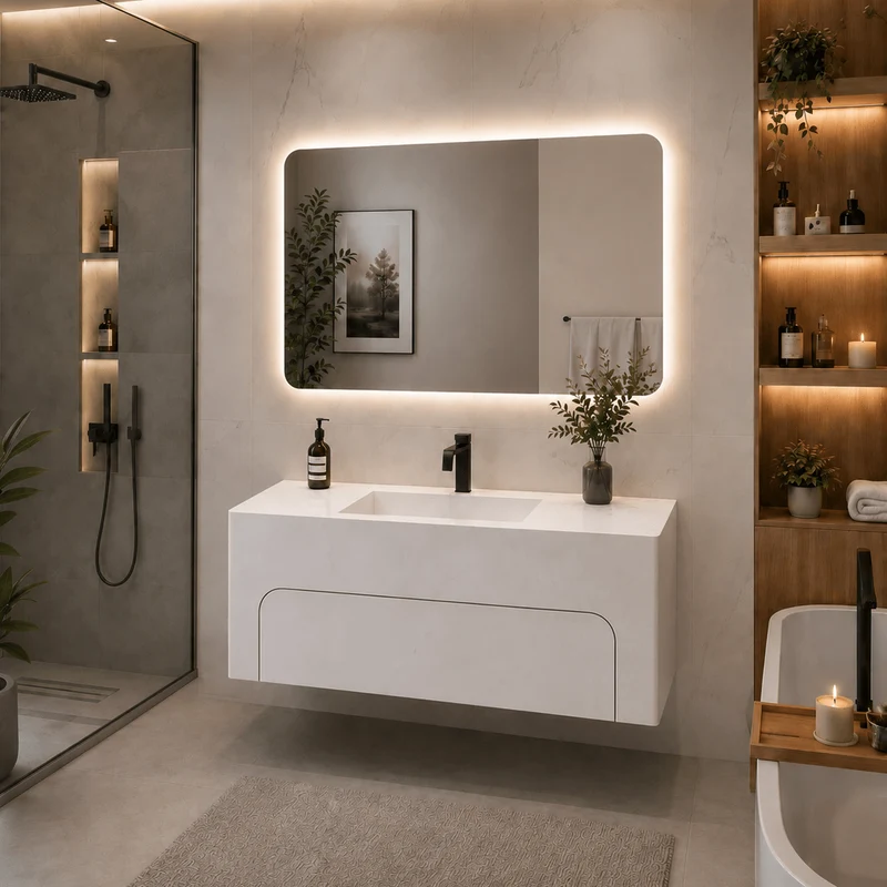 Mueble de baño suspendido Bruma con lavabo integrado y espejo Led