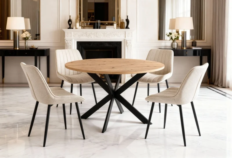 Tavolo da pranzo rotondo effetto legno piano gambe in metallo nero SINAYA