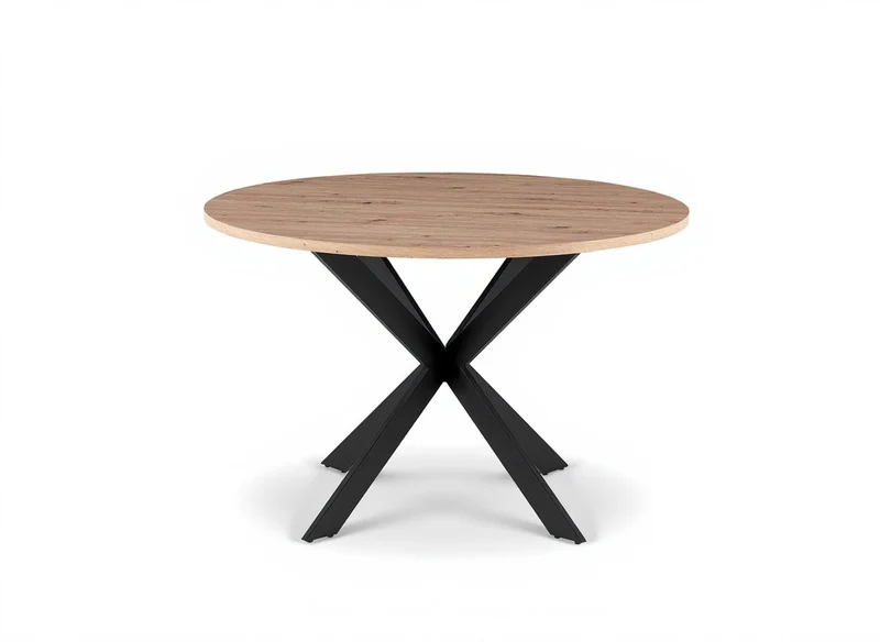 Tavolo da pranzo rotondo effetto legno piano gambe in metallo nero SINAYA