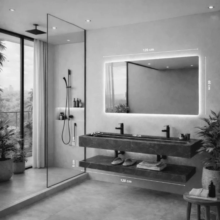 Lavabo Nero de piedra sinterizada negra con espejo LED – Conjunto suspendido de baño 100 y 120