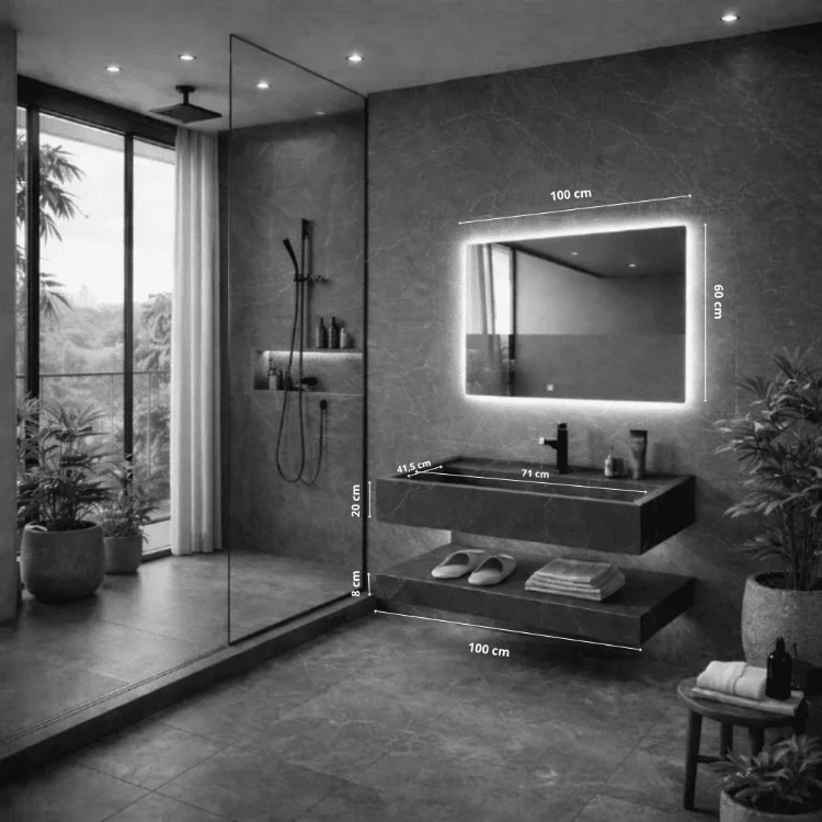 Lavabo Nero de piedra sinterizada negra con espejo LED – Conjunto suspendido de baño 100 y 120