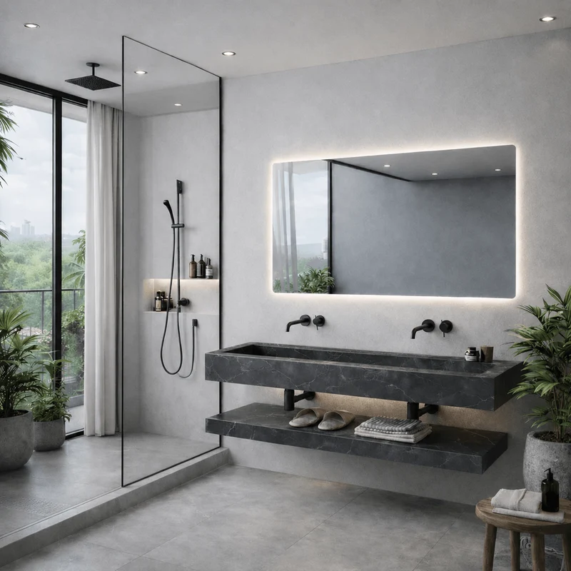 Lavabo Nero de piedra sinterizada negra con espejo LED – Conjunto suspendido de baño 100 y 120