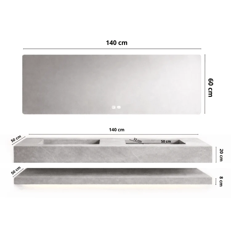 Lavabo Essenza de piedra sinterizada con espejo LED 140 – Conjunto suspendido de baño