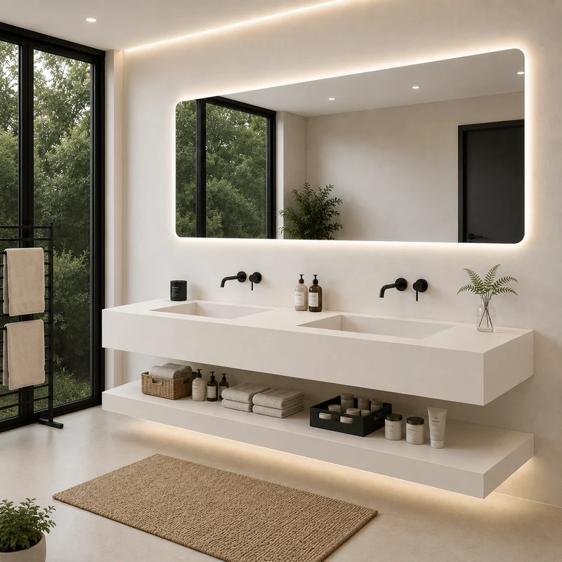 Lavabo Essenza de piedra sinterizada con espejo LED 140 – Conjunto suspendido de baño