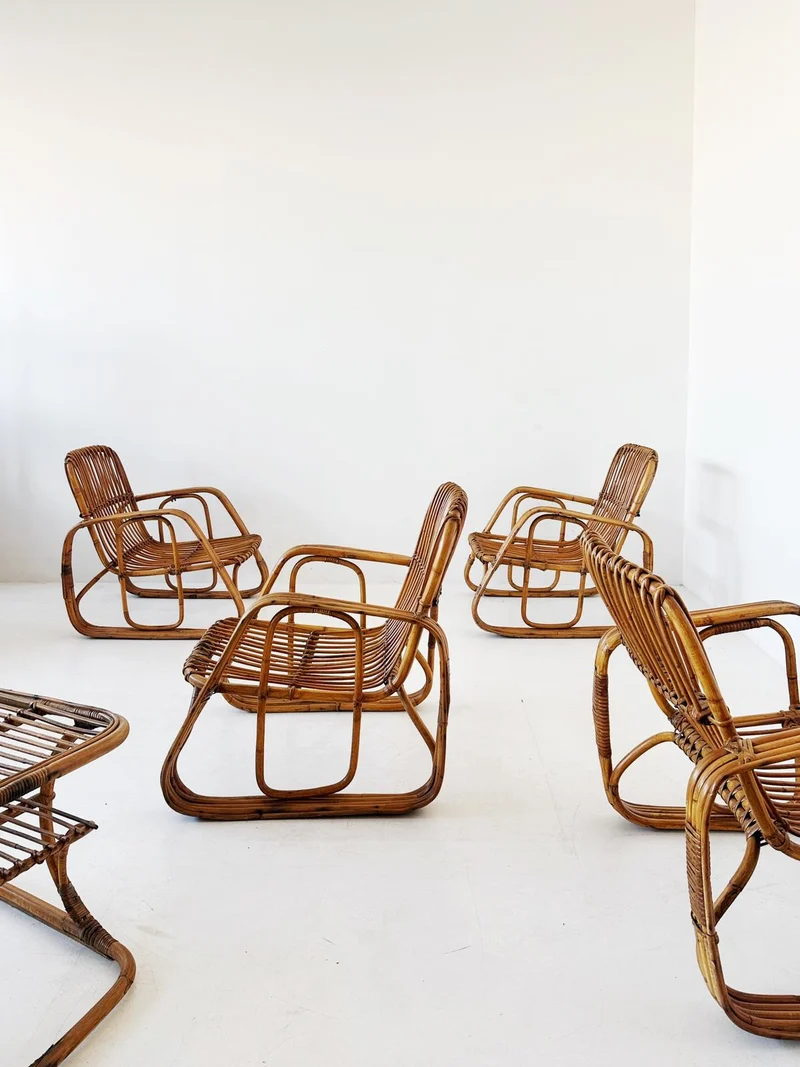 Salottino in rattan originale anni ’60 – 4 poltroncine + tavolino