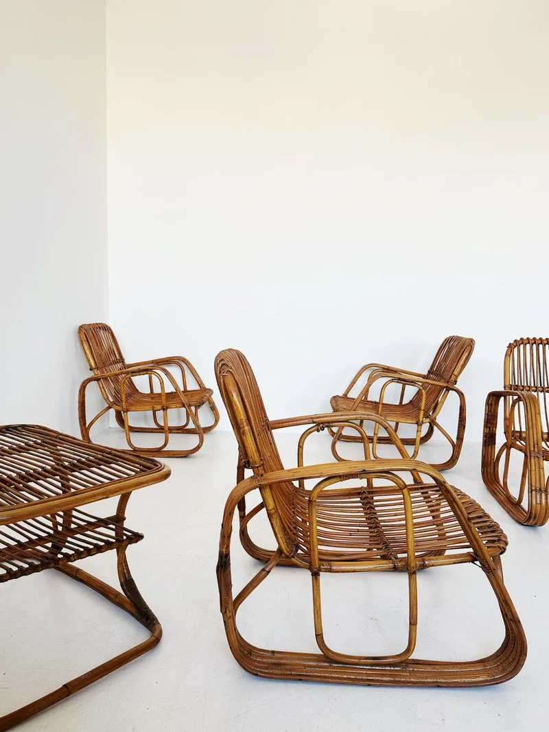 Salottino in rattan originale anni ’60 – 4 poltroncine + tavolino