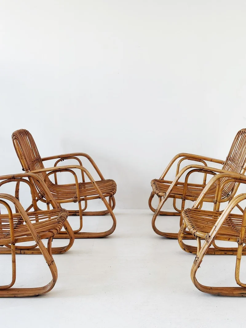Salottino in rattan originale anni ’60 – 4 poltroncine + tavolino