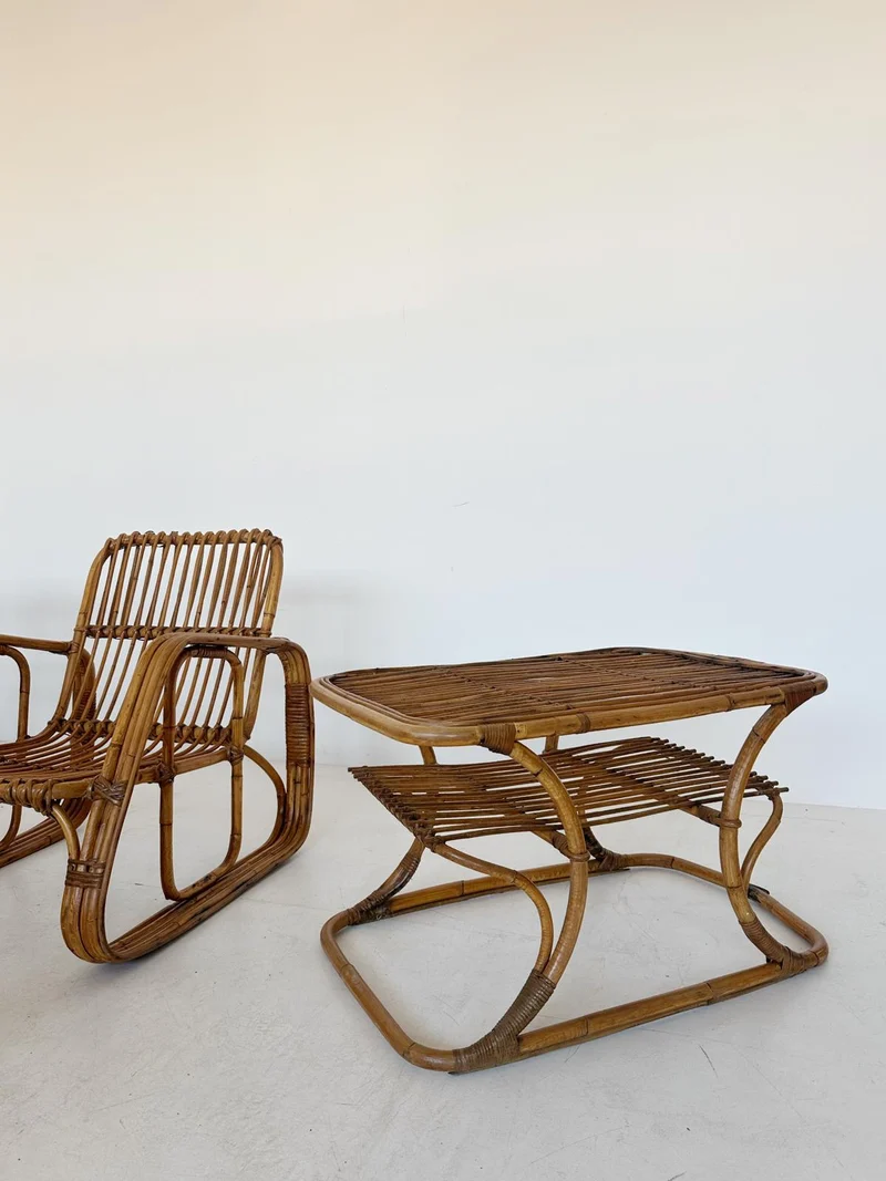 Salottino in rattan originale anni ’60 – 4 poltroncine + tavolino