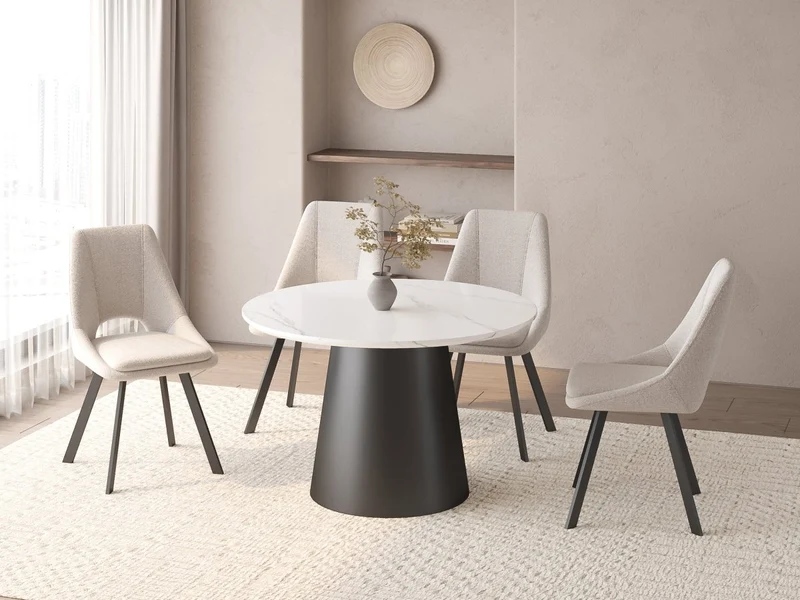 Tavolo da pranzo rotondo con piano effetto marmo bianco per 4 persone AUBREY