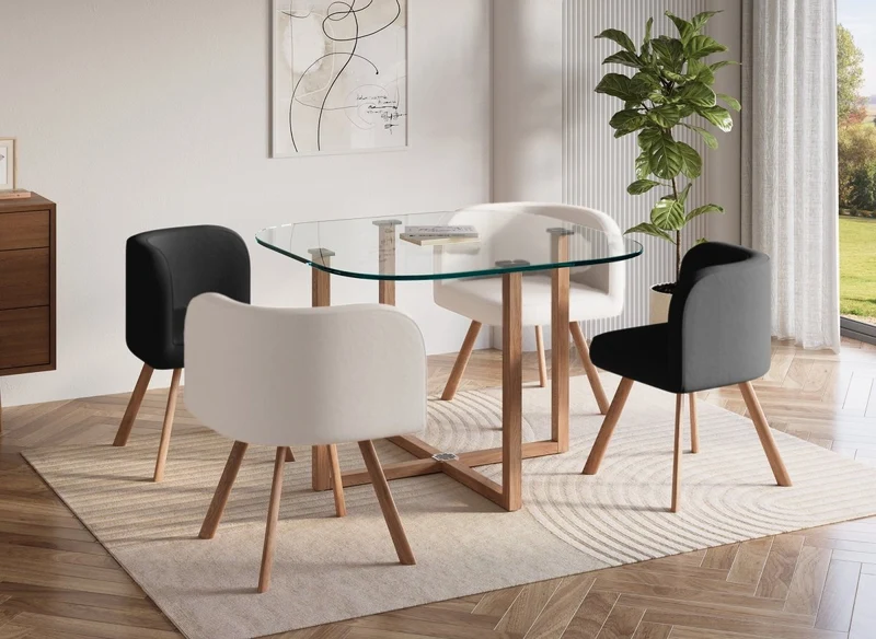 Set tavolo da pranzo in vetro + 4 sedie bianche e nere FLEN