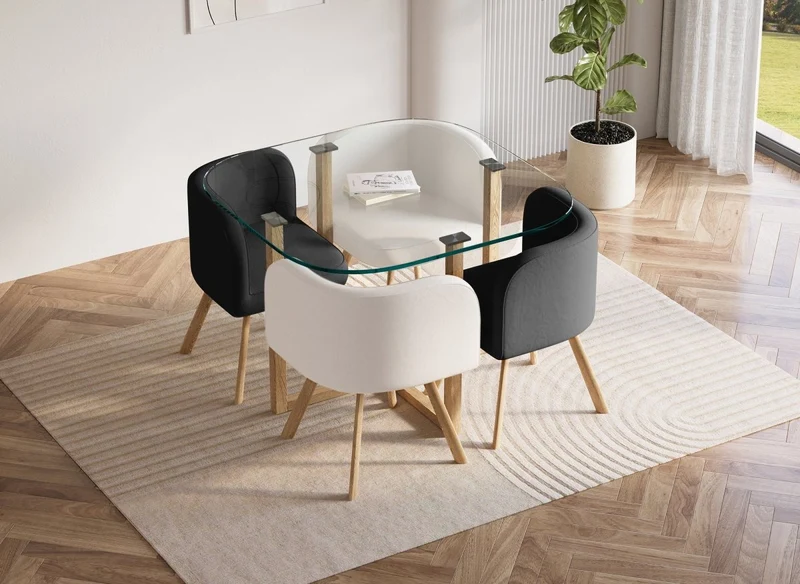 Set tavolo da pranzo in vetro + 4 sedie bianche e nere FLEN