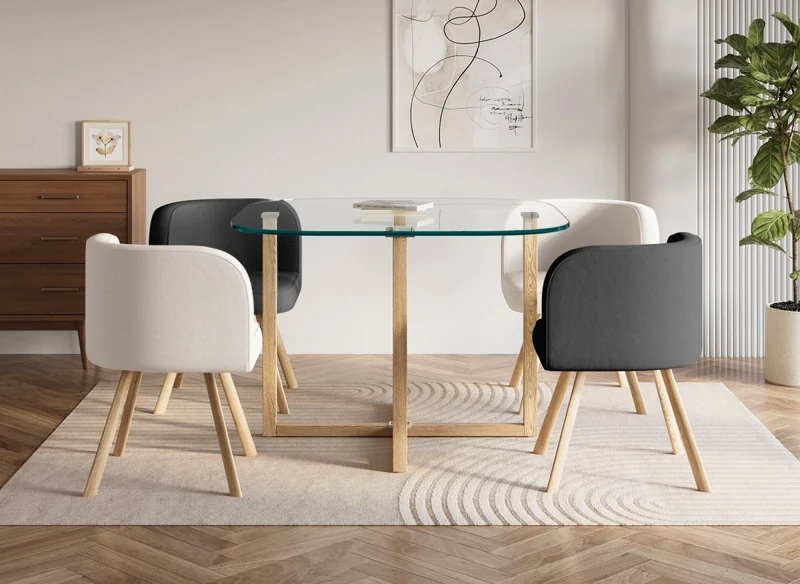Set tavolo da pranzo in vetro + 4 sedie bianche e nere FLEN