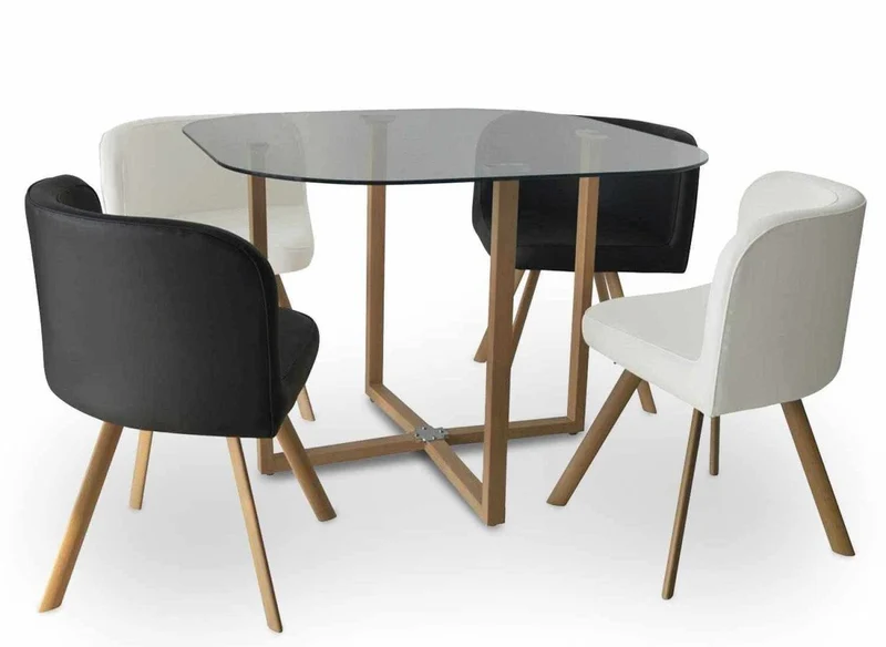 Set tavolo da pranzo in vetro + 4 sedie bianche e nere FLEN