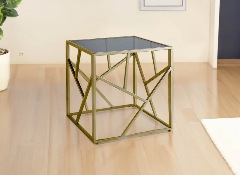 Tavolino di design in vetro nero e metallo dorato quadrato SOLAL