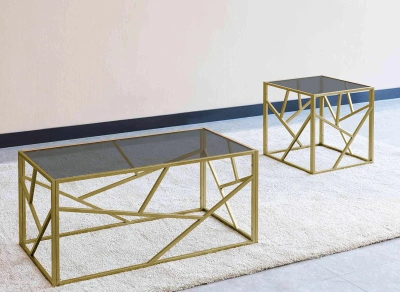 Tavolino di design in vetro nero e metallo dorato quadrato SOLAL