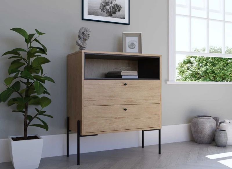 2-drawer chest of drawers in light wood and black metal SOHANE