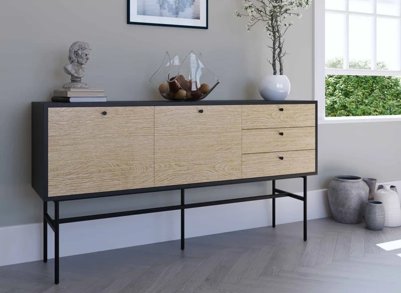 Credenza con 3 cassetti e 2 ante in legno e metallo nero DARYL