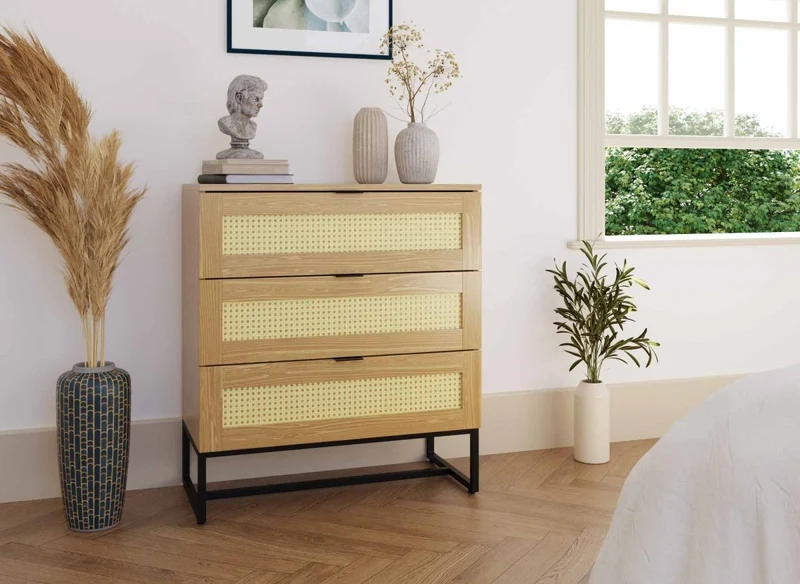 Cassettiera scandinava con 3 cassetti in legno, metallo e canna TULLIO