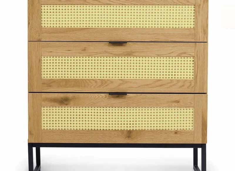 Cassettiera scandinava con 3 cassetti in legno, metallo e canna TULLIO