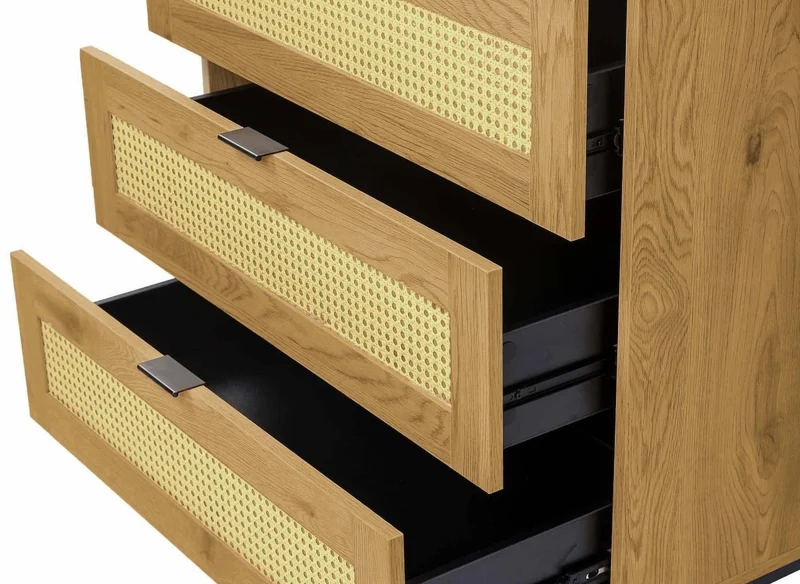 Cassettiera scandinava con 3 cassetti in legno, metallo e canna TULLIO