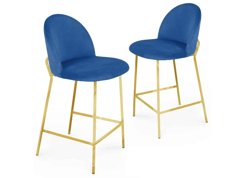 Set of 2 designer bar stools in blue velvet ARABEL