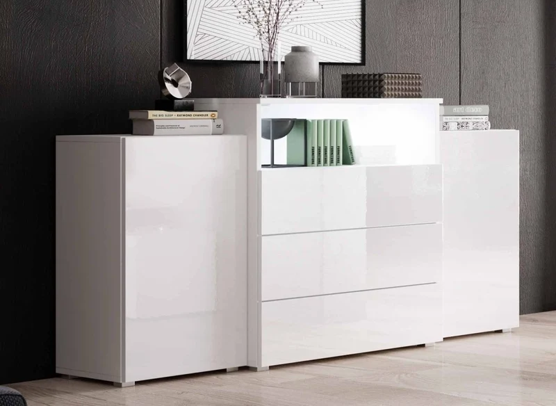Cassettiera credenza 2 ante 3 cassetti laccata bianca con LED - MARCEL