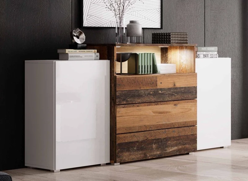 Credenza con 2 ante e 3 cassetti in rovere bianco e invecchiato con LED - MARCEL