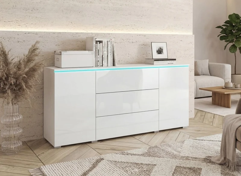 Cassettiera credenza 2 ante 3 cassetti bianca con LED - ALEXIA