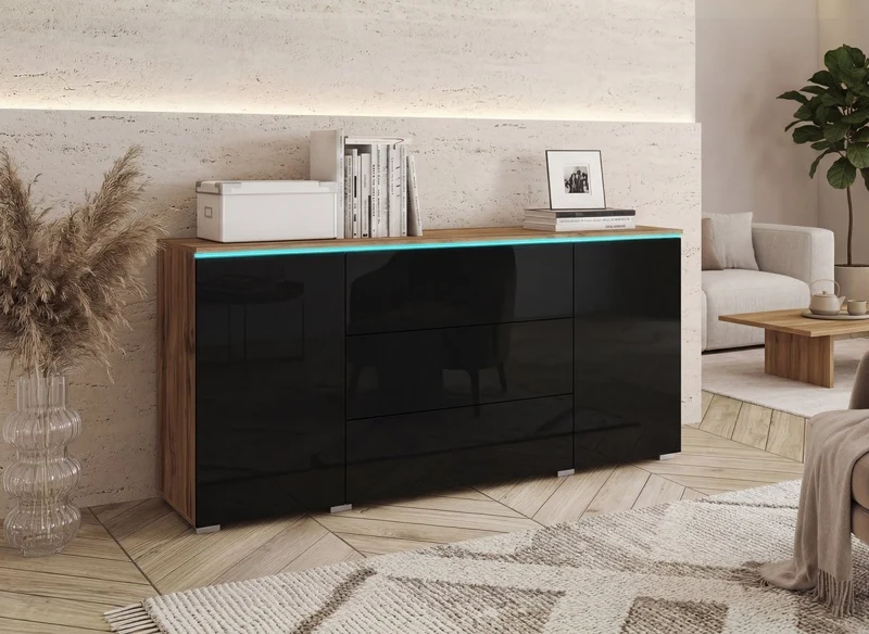 Cassettiera credenza 2 ante 3 cassetti rovere e nero con LED - ALEXIA