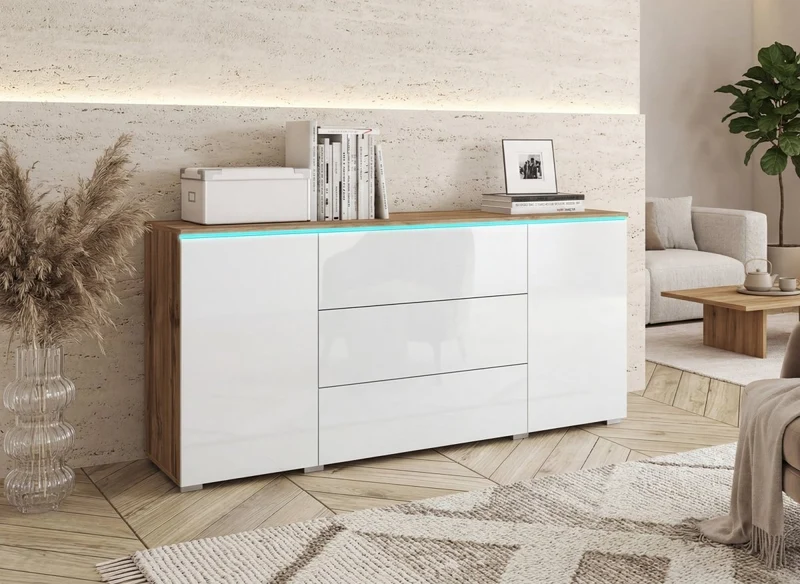 Credenza cassettiera 2 ante 3 cassetti rovere e bianco con LED - ALEXIA