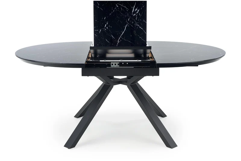 Tavolo tondo allungabile in vetro effetto marmo nero e piede in metallo nero Vertigo Ø 130 cm - allungabile a 180 cm