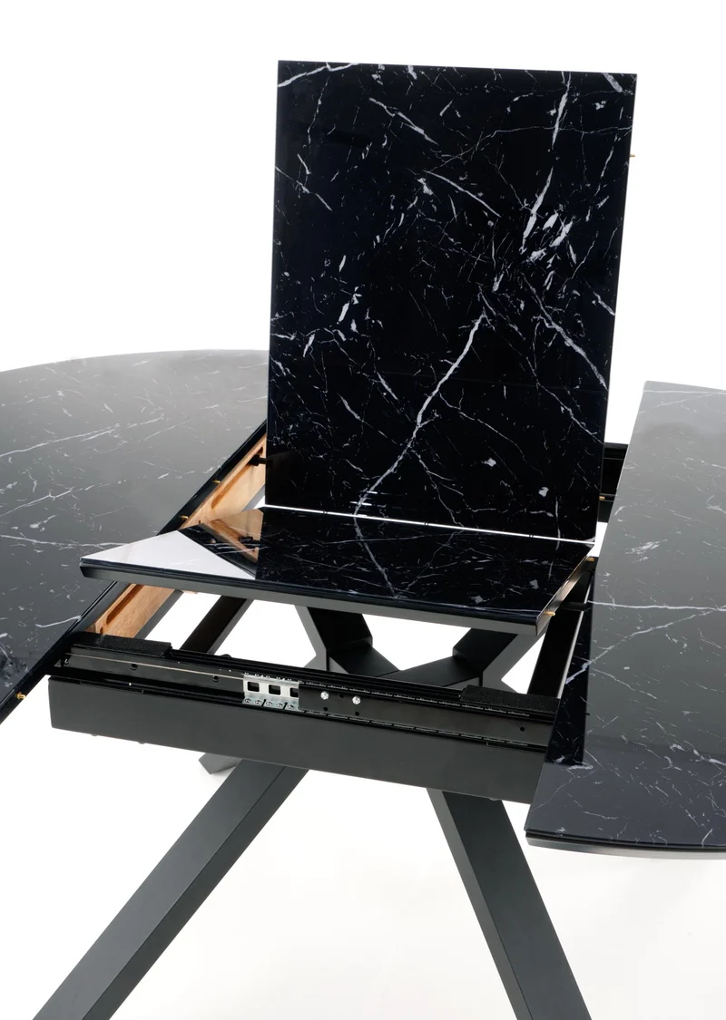 Tavolo tondo allungabile in vetro effetto marmo nero e piede in metallo nero Vertigo Ø 130 cm - allungabile a 180 cm