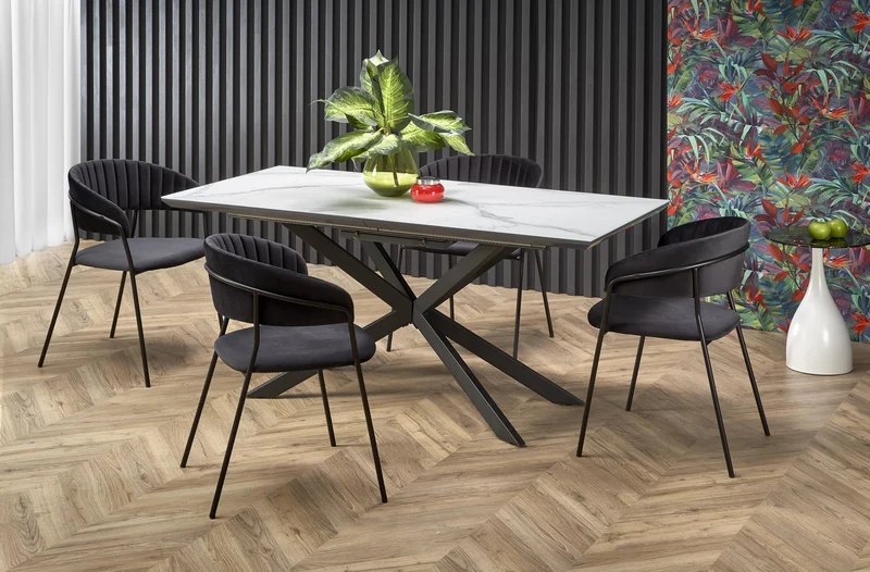 Tavolo allungabile in ceramica effetto marmo bianco e grigio con gambe in acciaio nero Diesel 160 x 90 cm - allungabile a 200 cm